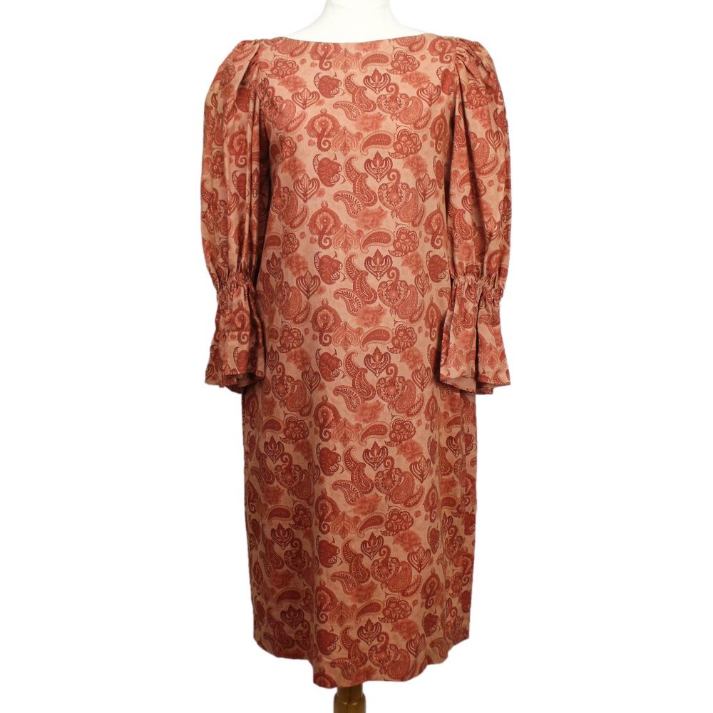 VTG 70s Hanae Mori Paris Orange Paisley Cotton Boat Neck Ruffled Sleeve Dress 8